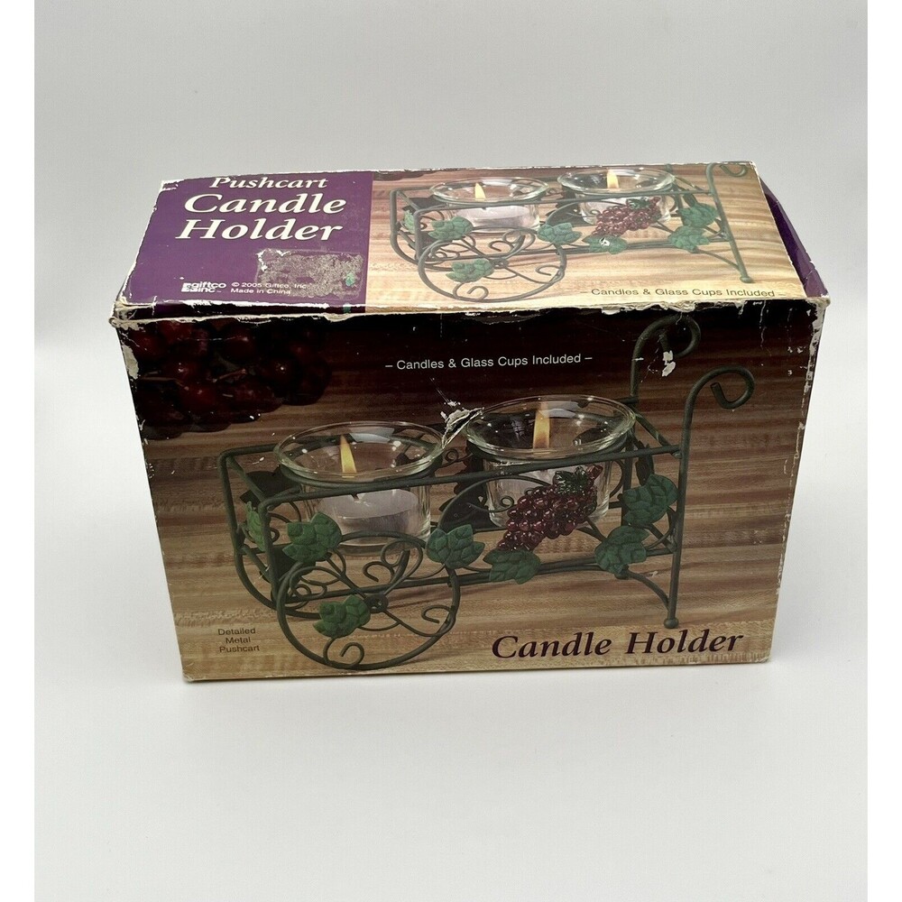 Vintage Giftco Grape Harvest Pushcart Candle Holder & 2 Glass Candles New In Box
